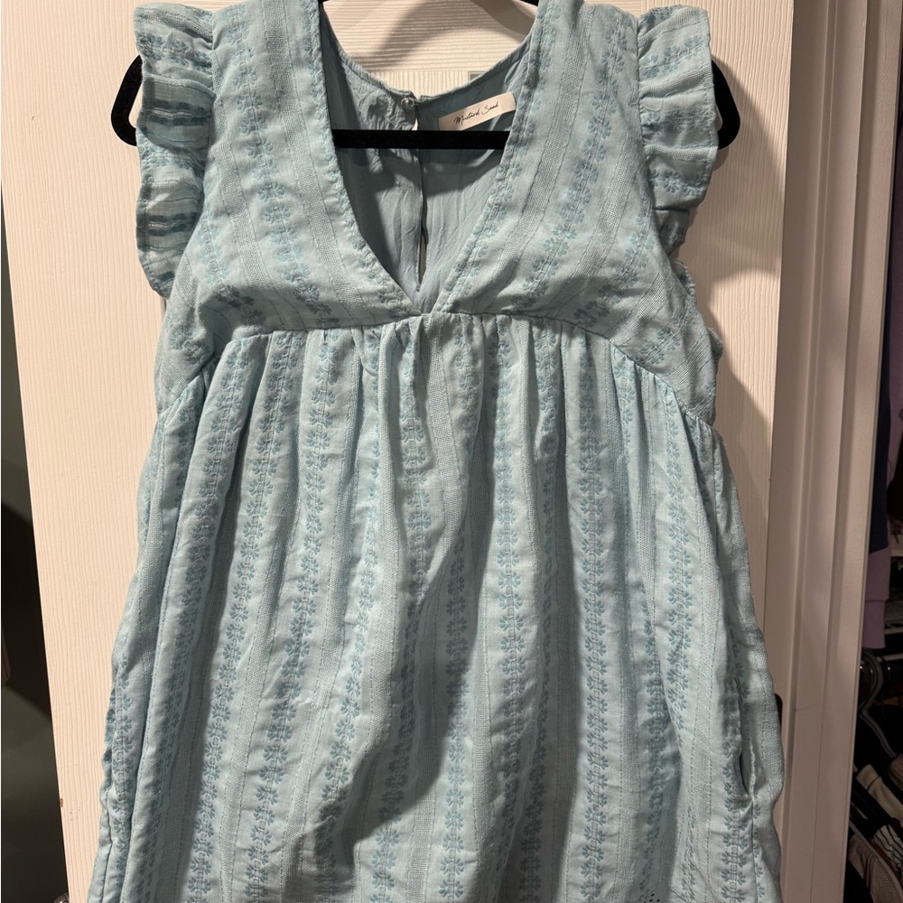 Light Blue Textured Ruffle Sleeve Babydoll Dress